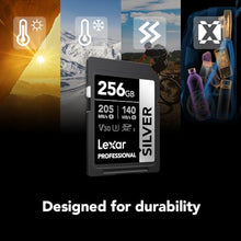 Load image into Gallery viewer, Lexar 256GB Professional Silver SDXC Memory Card, UHS-I, C10, U3, V30, 4K Video, Up to 205/140 MB/s Read/Write, for Professional Photographer, Videographer, Enthusiast (LSDSILV256G-BNNNU)