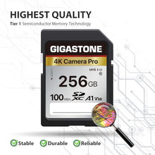 Load image into Gallery viewer, Gigastone 256GB SDXC Memory Card 4K Pro Series Transfer Speed Up to 100MB/s Compatible with Canon Nikon Sony Camcorder, A1 V30 UHS-I Class 10 for 4K UHD Video