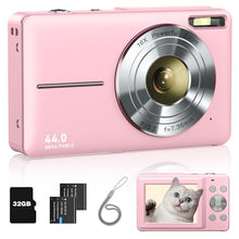 Load image into Gallery viewer, Lecran Digital Camera, FHD 1080P Kids Camera with 32GB Card, 2 Batteries, Lanyard, 16X Zoom Anti Shake, 44MP Compact Portable Small Point Shoot Camera Gift for Kid Student Children Teen Girl Boy(Pink)