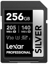 Load image into Gallery viewer, Lexar 256GB Professional Silver SDXC Memory Card, UHS-I, C10, U3, V30, 4K Video, Up to 205/140 MB/s Read/Write, for Professional Photographer, Videographer, Enthusiast (LSDSILV256G-BNNNU)