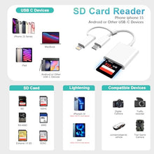Load image into Gallery viewer, SD Card Reader for iPhone iPad, Dual USB-C & Lightning Connector Memory SD Card Adapter, Support SD/MicroSD Cards, High-Speed Trail Camera Viewer, Plug and Play