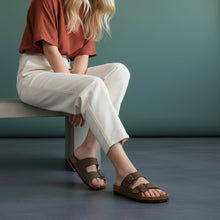 Load image into Gallery viewer, CUSHIONAIRE Lane Cork Footbed Sandals for Women – Comfortable Double Buckle Slip-On with Genuine Suede Footbed & Arch Support Slides for Women Footwear, BROWN 8