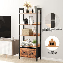 Load image into Gallery viewer, Furologee 5-Tier Bookshelf, Tall Bookcase with 2 Storage Drawers, Industrial Display Standing Shelf Units, Wood and Metal Storage Shelf for Living Room, Bedroom, Home Office, Rustic Brown