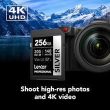 Load image into Gallery viewer, Lexar 256GB Professional Silver SDXC Memory Card, UHS-I, C10, U3, V30, 4K Video, Up to 205/140 MB/s Read/Write, for Professional Photographer, Videographer, Enthusiast (LSDSILV256G-BNNNU)