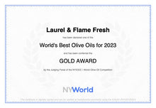 Load image into Gallery viewer, Laurel & Flame Fresh - Extra Virgin Olive OIl - Polyphenol Rich (823 MG/KG) - USDA Organic - 56X Hydroxytyrosol Polyphenols - Early Harvest - Single Origin - Monovarietal - EVOO of the Year 2023 Award Winning - New Harvest - Cold Pressed (500 ml -16.9 fl