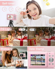 Load image into Gallery viewer, Lecran Digital Camera, FHD 1080P Kids Camera with 32GB Card, 2 Batteries, Lanyard, 16X Zoom Anti Shake, 44MP Compact Portable Small Point Shoot Camera Gift for Kid Student Children Teen Girl Boy(Pink)
