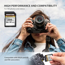 Load image into Gallery viewer, Gigastone 256GB SDXC Memory Card 4K Pro Series Transfer Speed Up to 100MB/s Compatible with Canon Nikon Sony Camcorder, A1 V30 UHS-I Class 10 for 4K UHD Video