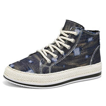 Load image into Gallery viewer, Exusiai Men High-Top Distressed Denim Skate Shoes Breathable Cloth Non-Slip Outdoor Casual Shoes Good Grip, Lace-Up Closure, Round Toe (Blue,8)