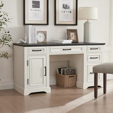 Load image into Gallery viewer, JXQTLINGMU 58" Executive Desk, Farmhouse Computer Desk with Drawers and Cabinet, Embossed Texture Home Office Desk, Workspace for Work Study Writing, Off White