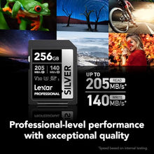 Load image into Gallery viewer, Lexar 256GB Professional Silver SDXC Memory Card, UHS-I, C10, U3, V30, 4K Video, Up to 205/140 MB/s Read/Write, for Professional Photographer, Videographer, Enthusiast (LSDSILV256G-BNNNU)