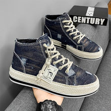 Load image into Gallery viewer, Exusiai Men High-Top Distressed Denim Skate Shoes Breathable Cloth Non-Slip Outdoor Casual Shoes Good Grip, Lace-Up Closure, Round Toe (Blue,8)