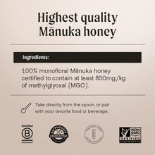 Load image into Gallery viewer, Manukora Raw Manuka Honey, MGO 850+ from New Zealand, Non-GMO, Monofloral, Traceable from Hive to Hand, Daily Digestive & Immune Support - 500g (1.1 Lb)
