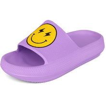 Load image into Gallery viewer, LIZICU Kids Happy Face Cloud Slides丨Pillow Slippers for Boys Girls丨Quick Drying Bathroom Shower Slippers丨Summer Beach Pool Slippers| Thick Sole Non-Slip Lightning Purple 3 Big Kid