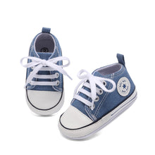 Load image into Gallery viewer, KKIIDDSS Unisex Baby Girls Boys Canvas High-top Shoes, Newborn Infant Anti-Slip Soft Sole Frist Walking Breathable Sneakers2 (A01/Little Blue Rubber Sole,6-12 Months)
