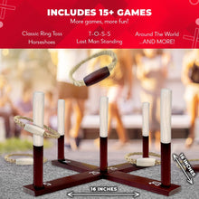 Load image into Gallery viewer, SWOOC Games - Rustic Ring Toss Game (All Weather) - Easy Setup & Extra Games Included - Outdoor Ring Toss Game for Adults and Kids - Yard Activity For Adults - Oversized Lawn Activity - Rope Throw Set