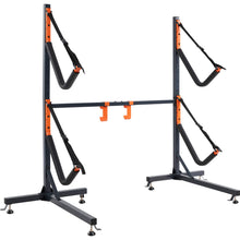 Load image into Gallery viewer, UOKRR Kayak Storage Rack, Heavy Duty Freestanding Dual Storage Rack with Hooks, Height Adjustable for 2 Kayaks, SUPs, Paddle Boards and Canoes