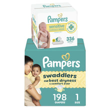 Load image into Gallery viewer, Pampers Swaddlers Disposable Baby Diapers Size 1, 198 Count with Sensitive Water Based Baby Wipes 4X Pop-Top Packs (336 Count)