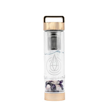 Load image into Gallery viewer, Doyzee Complete Crystal Water Bottle Three Interchangeable Healing Crystals – Rose Quartz, Amethyst, Clear Quartz – Tea Infuser Loose Leaf Tea Bottle – Gem Elixir Infused Glass Water Bottle