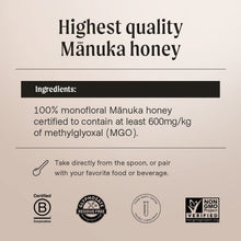 Load image into Gallery viewer, Manukora Raw Manuka Honey MGO 600+ from New Zealand, Non-GMO, Monofloral, Traceable from Hive to Hand, Daily Immune Support - 250g (8.8 Oz)