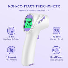 Load image into Gallery viewer, Forehead Thermometer for Adults, Kids & Babies, No-Touch Digital Thermometer with LCD Backlight Display, Fever Alarm and 1s Instant Reading - Purple