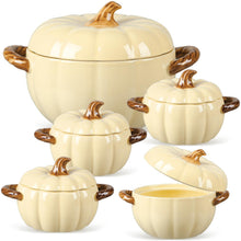 Load image into Gallery viewer, Maxdot Set of 5 Ceramic Pumpkin Bowls with Lid and Handles Pumpkin Shape Soup Serving Pot Storage Jar for Fall Thanksgiving Halloween Party Kitchen Dessert Decoration 17Oz & 54Oz(Cream Yellow)