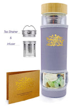 Load image into Gallery viewer, Simply Crystal Bamboo Water Bottle w/Infuser and carrying sleeve for hot and cold drinks. Luxury gift for women, yoga, and meditation with crystal mix (Clear Quartz, Tiger Eye, Green Fluorite)