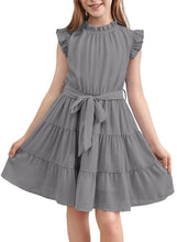 Load image into Gallery viewer, blibean Girl Short Sleeve Dress Tween Kid Summer Boho Ruffle Dresses Preteen Tiered Swing Outfit Solid Flowy Formal Party Fancy Clothes Size 8-9 Years Large Grey