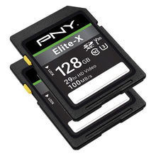 Load image into Gallery viewer, PNY 128GB Elite-X Class 10 U3 V30 SDXC Flash Memory Card 2-Pack - 100MB/s, Class 10, U3, V30, 4K UHD, Full HD, UHS-I, Full Size SD