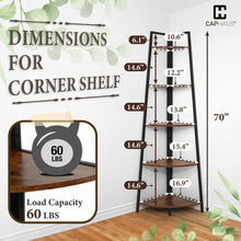 Load image into Gallery viewer, CAPHAUS Tall Corner Shelf Stand, 5-Tier Display Shelves, Ladder Corner Wood Storage Plant Bookshelf with Metal Frame, Versatile Shelving Unit Bookcase for Home Office Space, Rustic Oak