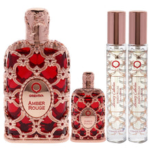 Load image into Gallery viewer, Orientica Luxury Collection Amber Rouge 4-Pc Gift Set Eau De Parfum - Woody, Amber, Saffron, Praline, Jasmine, Orange, Oak Moss, Seaweed - Arabic Perfume for Women - (2.7oz, 7.5ml & 2 X 10ml spray)