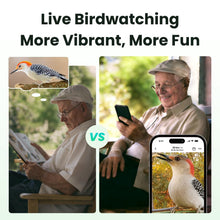 Load image into Gallery viewer, Birdfy Smart Bird Feeder with Camera, Solar Powered, 2K Live Stream, Bamboo Bird Feeder with Metal Guard, AI Bird Identification, Auto-Recorded Videos, Gift for Bird Lovers