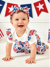 Load image into Gallery viewer, AMAWMW First 4th of July Baby Girl Clothes Set Ruffle Romper Top Pants Headband Set 3Pcs Newborn Infant Girl Outfit, D-White, 12-18 Months