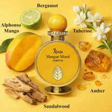 Load image into Gallery viewer, AHUJA Mangue Mood – 3.4 oz Parfum | Unisex Mango Floral Scent | 30% Long Lasting Oil | Alphonso Mango, Bergamot, Tuberose, Amber, Sandalwood | Luxury Yellow Gift Box | “Some Moods Stay Golden”