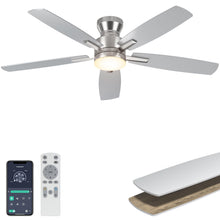 Load image into Gallery viewer, Ohniyou Ceiling Fans with Lights, 52'' Low Profile Ceiling Fan with Light and Remote/APP Control, Modern Flush Mount Ceiling Fan for Indoor Bedroom Living Room, Dimmable, Quiet DC Motor, Silver