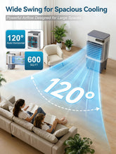Load image into Gallery viewer, 3200CFM Swamp Cooler, 4-IN-1 Evaporative Air Conditioners With 10.5 Gal Water Tank, 4 Ice Packs, Remote, 12H Timer, 120°Oscillation, 36”Portable Cooling Fan with 3 Modes&Speeds for Bedroom Indoor Room