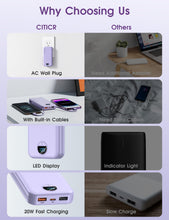 Load image into Gallery viewer, Portable Charger, 10000mAh PD20W USB C Fast Charging Power Bank with Built-in Cables and AC Wall Plug, Smart LED Display Travel Essentials Battery Pack Compatible with iPhone, iPad, Samsung etc Purple