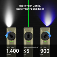 Load image into Gallery viewer, OLIGHT Arkfeld Ultra 1400 Lumens EDC Flat Flashlight, Rechargeable Compact Pocket Flash Light Combines White LED, UV and Green Beam, Triple Sources Perfect for Checking, Working (Olive-Green)