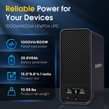 Load image into Gallery viewer, GOLDENMATE 1000VA/600W Lithium UPS Battery Backup & Surge Protector, Backup Battery Power Supply with LiFePO4 Batteries(153.6 Wh), Sinewave UPS System, 10 Years Lifespan, 8 Outlets, LCD Display, Gray