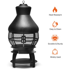Load image into Gallery viewer, Giantex Wood Burning Chiminea, Heavy Duty Fireplace Chimenea Wooden Fire Pit with 2-Piece Log Grate, Premium Rain Cap & Fire Poker, 360°Fire Retardant Mesh Cover, Ideal for Garden, Patio, Backyard
