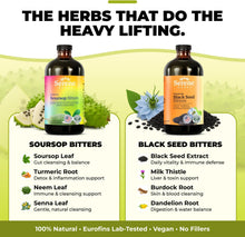 Load image into Gallery viewer, Serene Herbs Soursop Bitters Liquid & Black Seed Bundle – Organic Herbal Guanabana for Digestive Support & Immune Health – Vegan, Non-GMO – 32 oz (16 oz Each), 32 Servings