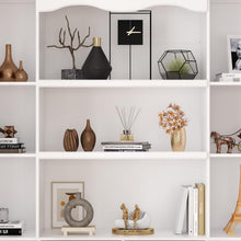 Load image into Gallery viewer, Homsee Tall Bookcase Bookshelf with Shelves, Drawers & 2 Carved Glass Doors, Wooden Display Storage Cabinet with 14 Compartments for Home Office, Living Room, White (63" W x 15.7”D x 78.7”H)