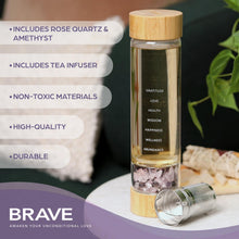 Load image into Gallery viewer, The Brave Soul Crystal Water Bottle, Slim Crystal Water Bottle Tea Infuser, Double Wall Glass for Hot and Cold Drinks. Slim Crystal Water Bottles with Crystals Inside. Eco-friendly & Relaxing Gifts
