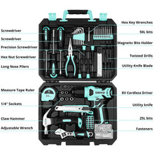 Load image into Gallery viewer, DEKOPRO Drill Set: Tool Set with 8V Cordless Drill, Home Tool Kit with Drill, Hand Tool Kits for Women 126 Piece, Turquoise