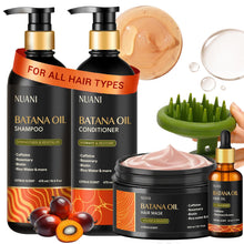 Load image into Gallery viewer, Nuani Batana Oil Shampoo and Conditioner Set (16 fl oz / 470 ml) with Rosemary & Caffeine | Includes Deep Mask, Hair Oil & Silicone Scalp Massager | Sulfate-Free, Paraben-Free for Fuller-Looking Hair.