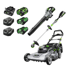 Load image into Gallery viewer, EGO POWER+ 56V Starter Collection 21" Cordless Push Lawn Mower LM2114 & 15" Powerload String Trimmer ST1511T & 615CFM Leaf Blower LB6151, (1) 4Ah (2) 2.5Ah Batteries and (3) Chargers Included