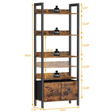 Load image into Gallery viewer, Furologee 5-Tier Bookshelf, End Table with Storage Shelf and Fabric Drawer,Industrial Display Standing Shelf Units, Wood and Metal Storage Shelf for Living Room, Bedroom, Home Office, Rustic Brown