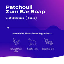 Load image into Gallery viewer, Indigo Wild Zum Bar Goat's Milk Soap - Patchouli - 3 oz (3 Pack)