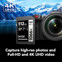 Load image into Gallery viewer, Lexar 512GB Professional 1066x SDXC Memory Card, UHS-I, C10, U3, V30, Full-HD & 4K Video, Up To 160MB/s Read, for DSLR and Mirrorless Cameras (LSD1066512G-BNNNU)