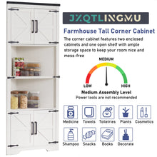 Load image into Gallery viewer, JXQTLINGMU Farmhouse Corner Cabinet, Tall Corner Bathroom Storage Cabinet with Barn Door Design & Adjustable Shelves, for Laundry Room, Living Room, Kitchen,(White)