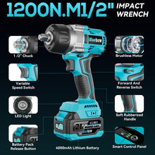 Load image into Gallery viewer, 1/2 Inch Cordless Impact Wrench, 900 Ft-lbs (1200 N·m) High Torque Brushless Impact Driver Gun, 2300 RPM, 2×4.0 Ah Batteries, LED Light, 4 Sockets, Variable Speed Power Tool for Car & Tire Removal
